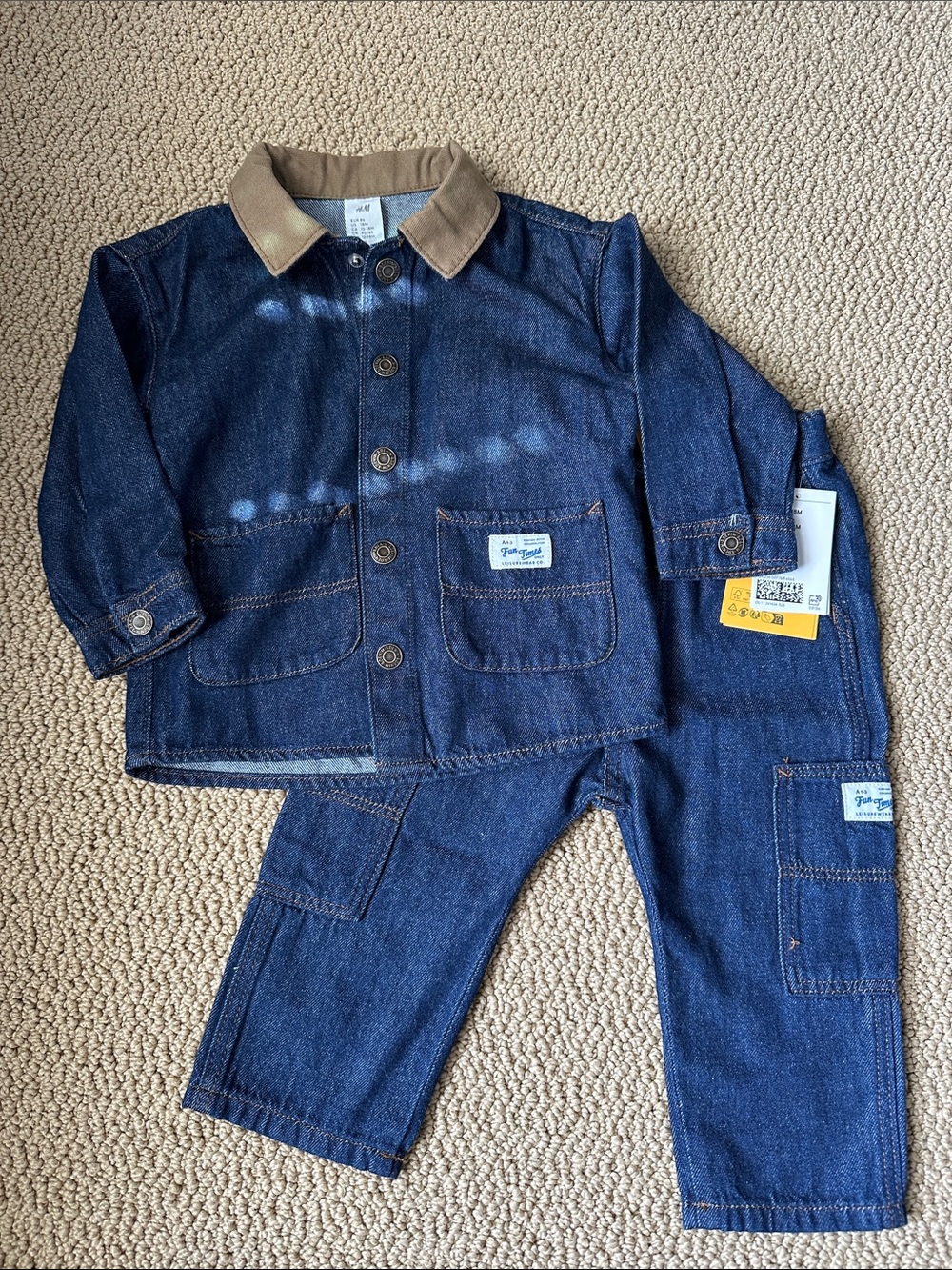 H&M Boys Denim Jacket and Pants Set in Dark Blue with Tan Collar
